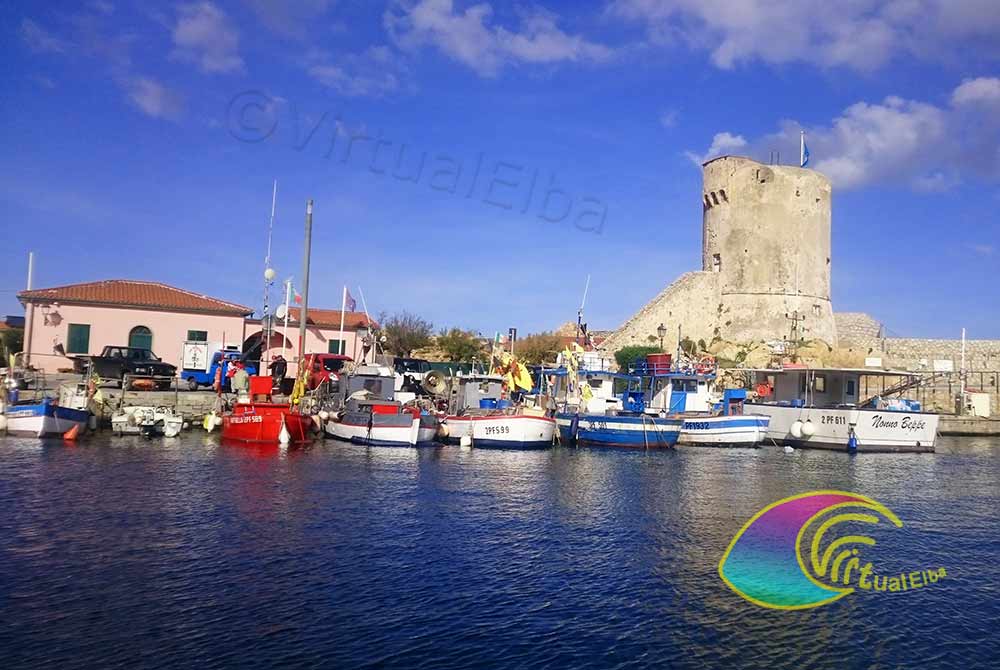 Vissersboten en de Marciana Marina Tower